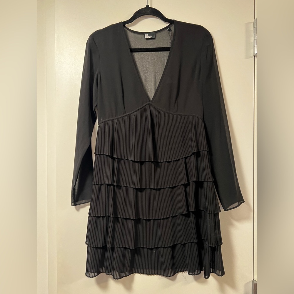 The Kooples Black Long-Sleeve V-Neck Tiered Pleated Dress